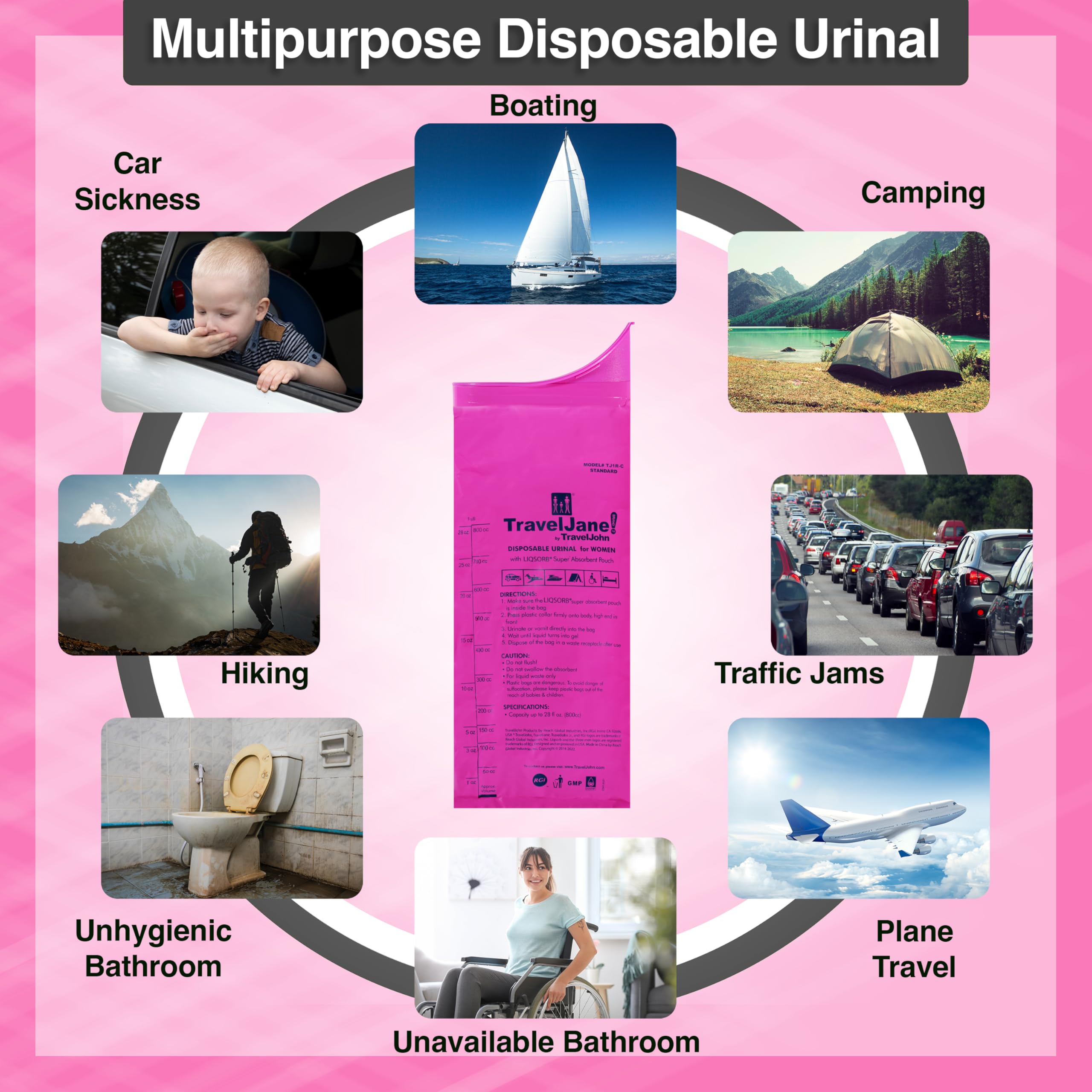 TravelJane Disposable Urinal for All Genders, Adults, and Children(18 Pack), Pink
