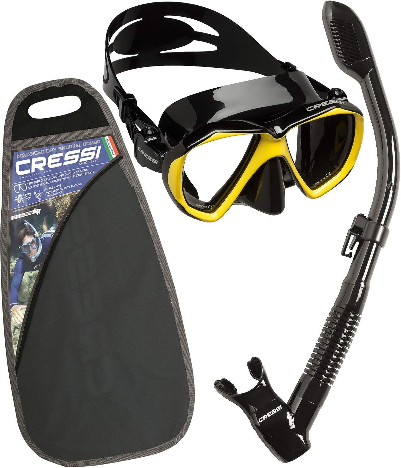 CRESSI Set Ranger & Dry - Snorkeling Combo Set for Adults Mask and Snorkel in Practical Case, Black/Blue, One Size