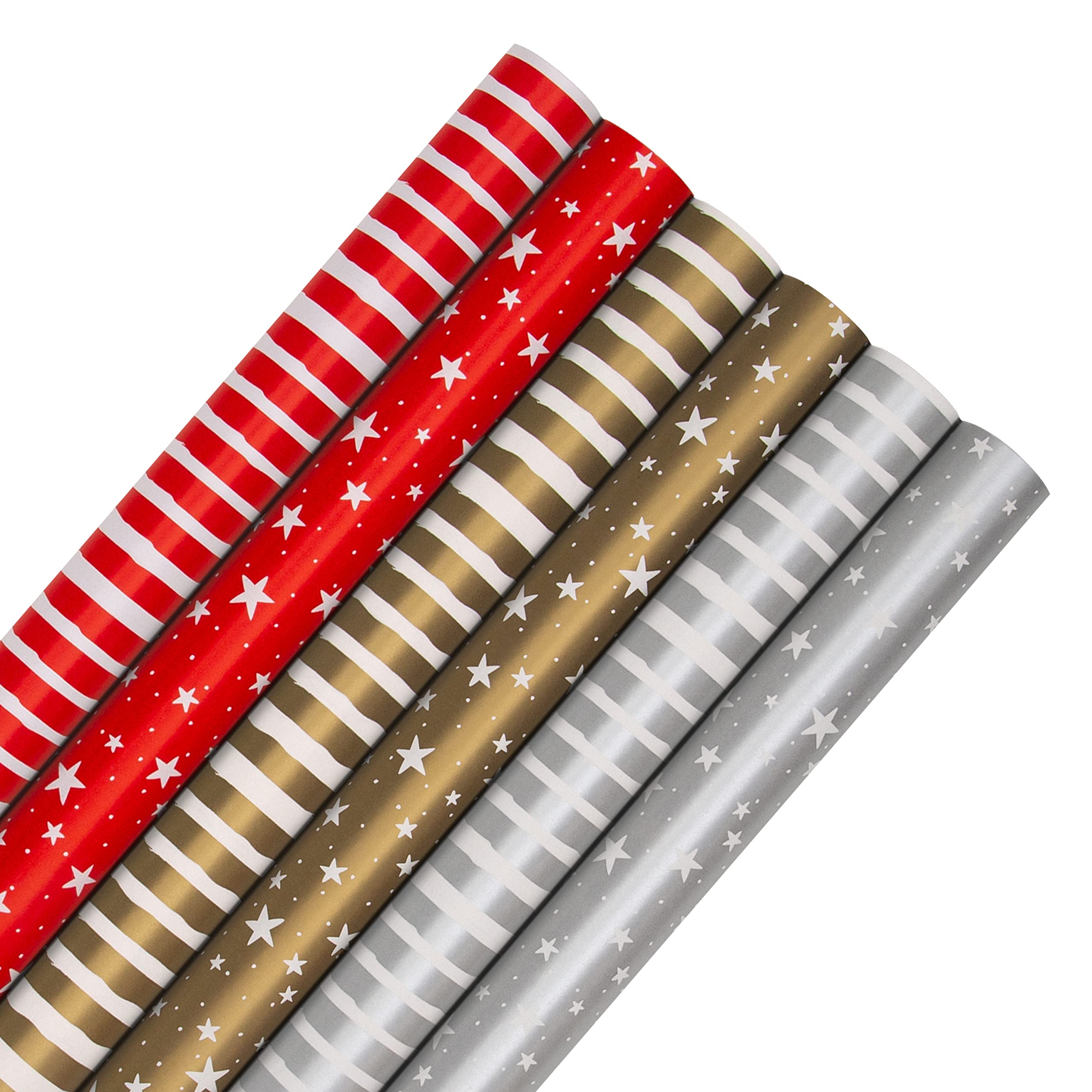 Hallmark Christmas Wrapping Paper, Pack of 6 Gift Wrap, 3M Each, 2 Festive Designs, Stars, Stripes, Red, Gold, Silver