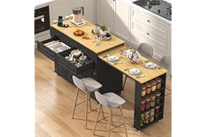 CHARTUSTRIABLE 80"-48" Extendable Kitchen Island with Extended Dining Table and Power Outlet,Large Mobile Kitchen Storage Islands with 2 Storage Drawers,Rolling Islands Cart with 3 Extra Rows Open Shelves(Black)