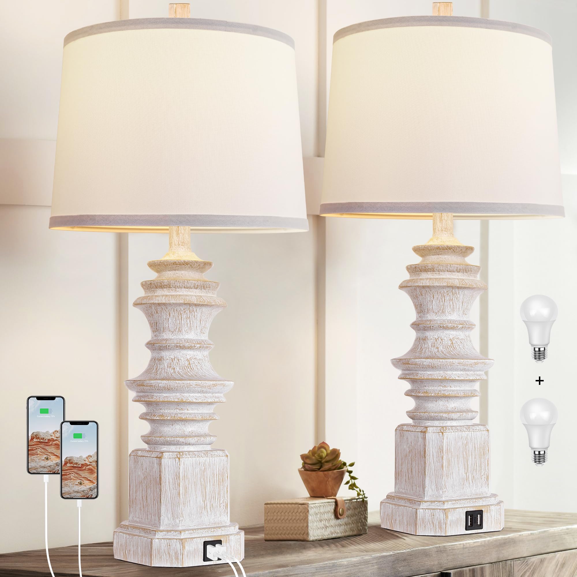 Photo 1 of QiMH Table Lamps for Nightstand Set of 2, Bedside Lamp with Dual USB Charging Ports, Farmhouse Decor Table Lamps with White Linen Lampshade for Living Room, Bedroom Lamps with LED Bulbs, White