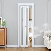 Bifold Doors for 24"x 80" Opening, 1-Lite Tempered Frosted Glass Bifold Closet Doors wit Hardware Kit, Pre-Assembled CARB P2 MDF Panel for Pantry/Laundry/Closet with PVC Surface, White