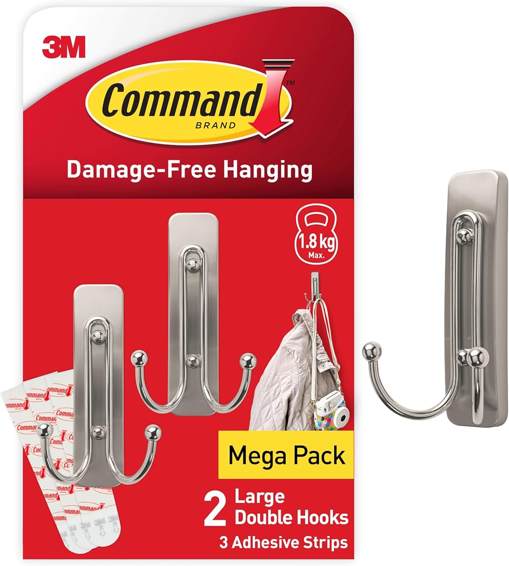 Command Decorative Hook Indoor 2 Hooks 3 Strips Brushed Nickel Damage-Free