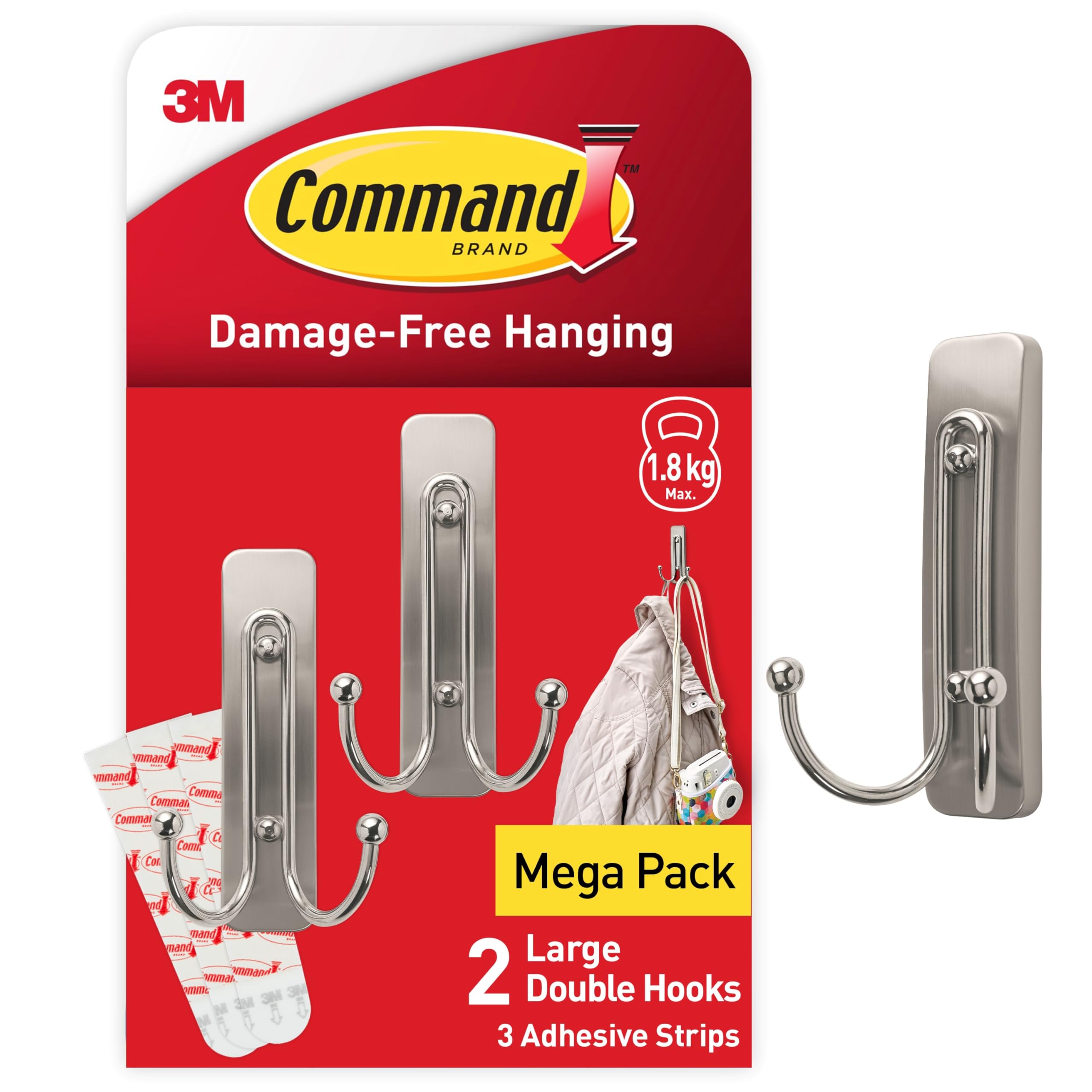 Command Decorative Hook, Indoor use - 2 Metal Hooks and 3 Adhesive Strips - Hang Jackets, Purses, Handbags, Backpacks, Hats, Scarves, Dog Leads - Organise Damage Free, Brushed Nickel, L
