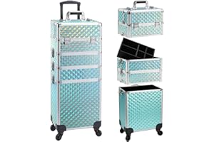Faquenc Rolling Makeup Case with Wheels 4 in 1 Cosmetic Trolley and Cosmetology Cart Trunk for Makeup Artists Hairstylists Nail Techs Salons Large Capacity Turquoise