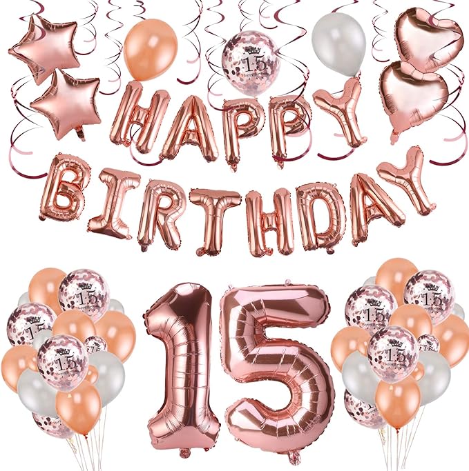 Howaf Oro Rosa 15 Anni Compleanno Decorazioni Per Ragazza Donna 59 Pezzi Palloncini Oro Rosa Festone Di Palloncini Compleanno Palloncini In Lattice Coriandoli Palloncini E Pendenti A Spirale Amazon It Giochi E Giocattoli