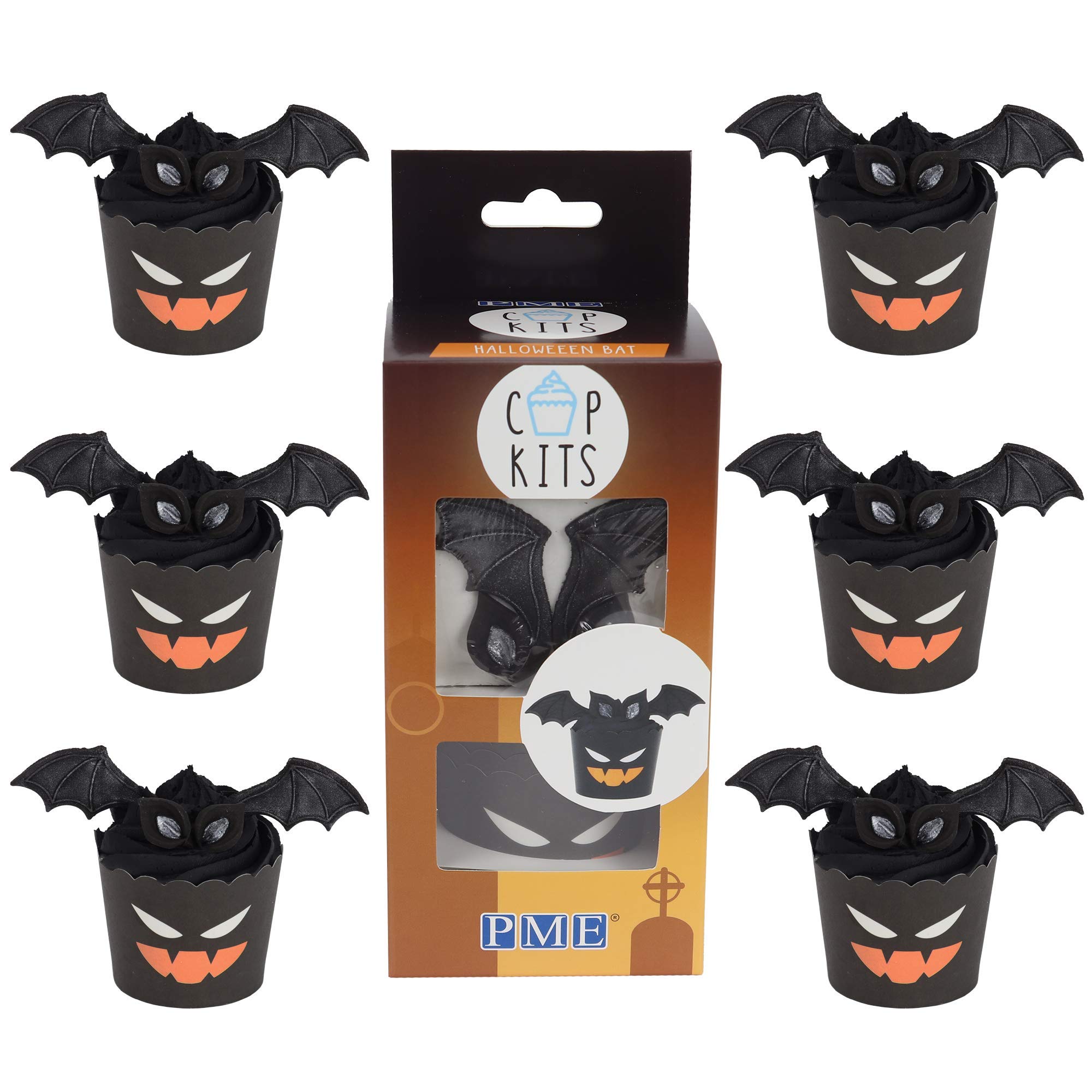 PME CUP08 Cupcake Decorating Kit with Edible Toppers, Paper, 6 Cups, Halloween Bat