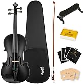 Mendini by Cecilio Violin 4/4 Full Size Kit For Beginners - Hand Carved Acoustic Violins Set - Fiddle Solid Wood Kit with Hard Case, Bow, Rosin, Shoulder Rest, Bridge and Extra Strings (Black)