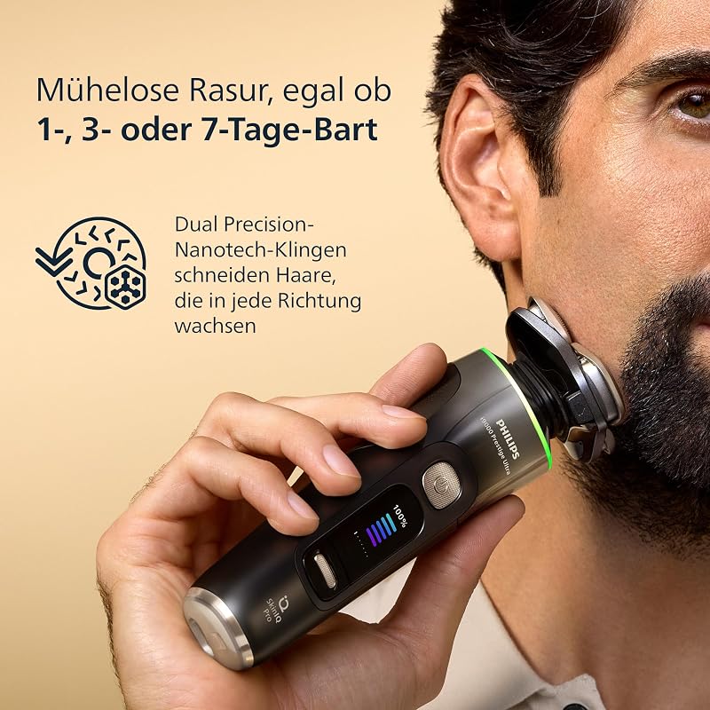 elektrischer Rasierer i9000 Prestige Ultra für Herren, Nass- und Trockenrasur, schwarz, Druck- und Bewegungssensor, Trimmeraufsatz, Reinigungsstation, Ladestation und Reiseetui (XP9405/31)
