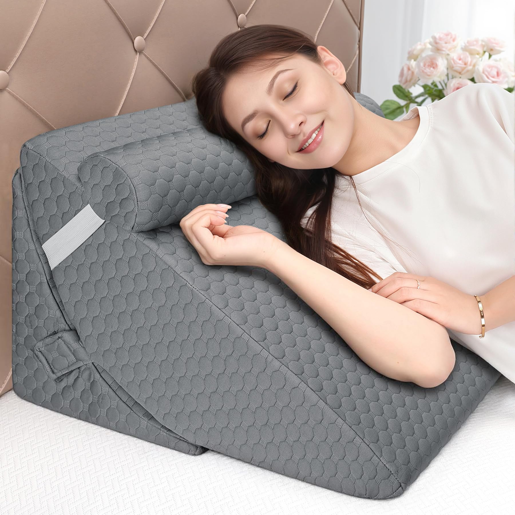 Photo 1 of Bed Wedge Pillow for Sleeping, 3PCS Wedge Pillow Set for After Surgery, Adjustable 7 &12 inch Pillow Wedges for Acid Reflux Relief, Back Pain Relief, Sleep Apnea, Sitting Up, Headboard (Grey)
