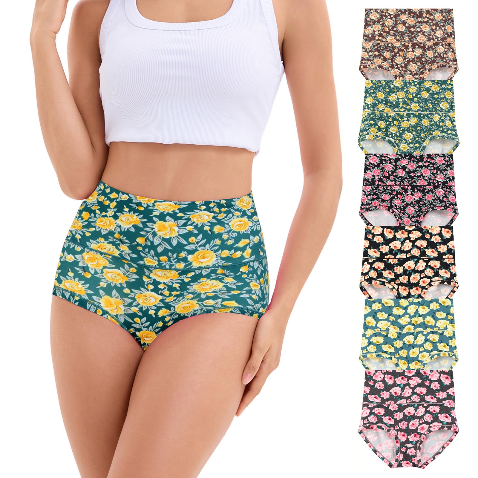 Photo 1 of ***ODOR (PERFUME)***  Beilangchc Womens Underwear Cotton High Waist Panties for Women Pack Tummy Control Floral Print Ladies Briefs Multipack Brief 03-6 Pack - Assorted Colors,L