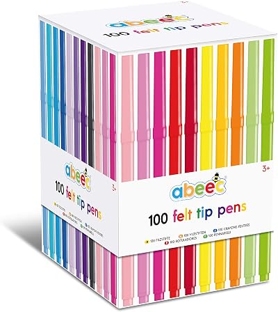 abeec 100 Assorted Felt Tip Pens for Kids 3+ - 20 Colours Craft Art Set
