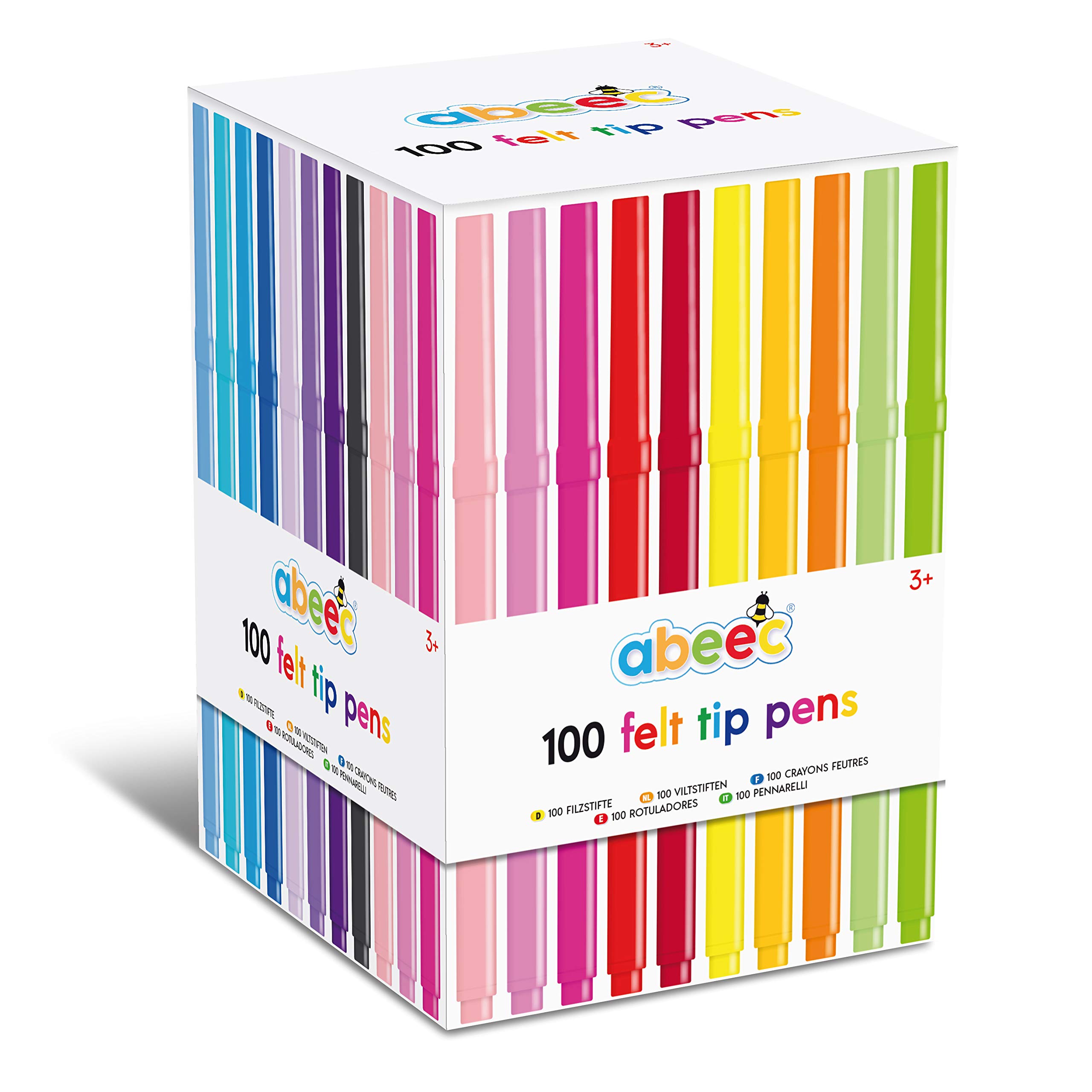 abeec Set of 100 Assorted Felt Tips for Kids 3+ - 20 Different Coloured Pens in a Box – Colouring Set for Arts and Crafts Supplies