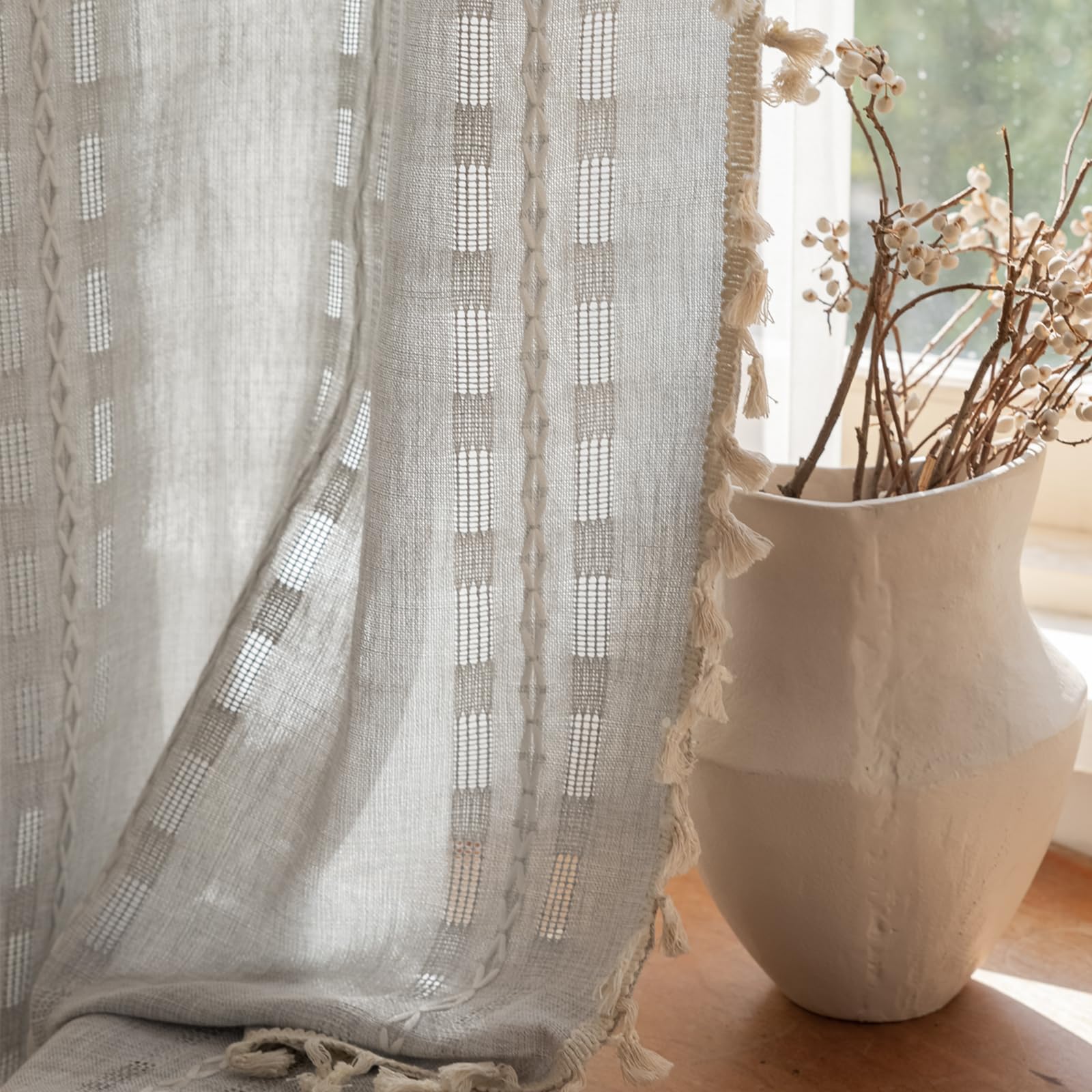 Photo 1 of Deeprove Silver Grey Boho Curtain 63 inches Length for Living Room Bedroom Nursery, Retro Casual Bohemian Sheer 63 inches Long Stripe Embroidery Privacy Window Tassel Decor W52 x L63, 1 Panel