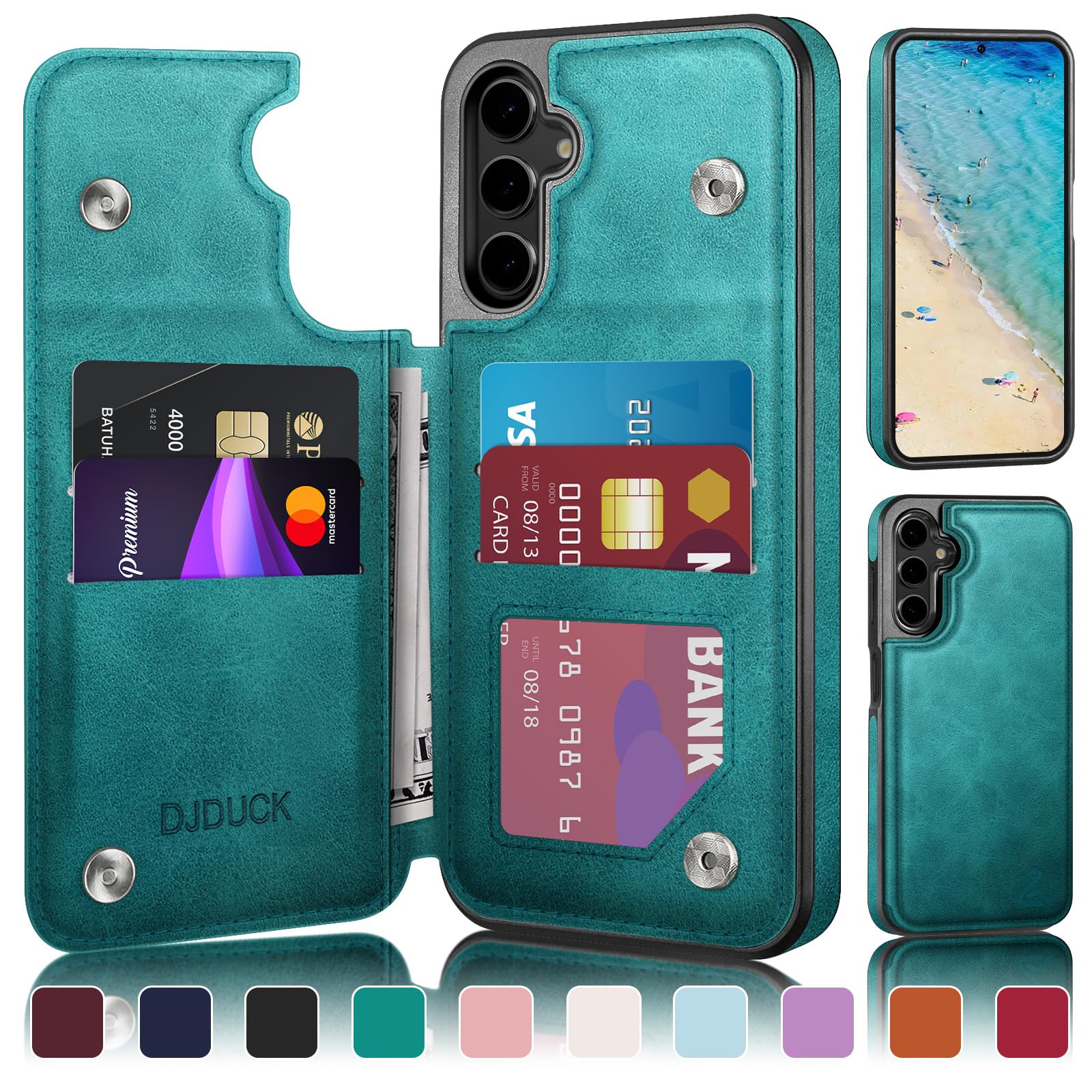Photo 1 of DJDUCK Designed for Samsung Galaxy S24 FE Case Wallet with Card Holder, [Magnetic Clasp Cover] [RFID Blocking Leather Protection] Shockproof Women Men Cases for Samsung S24 FE Blue Green