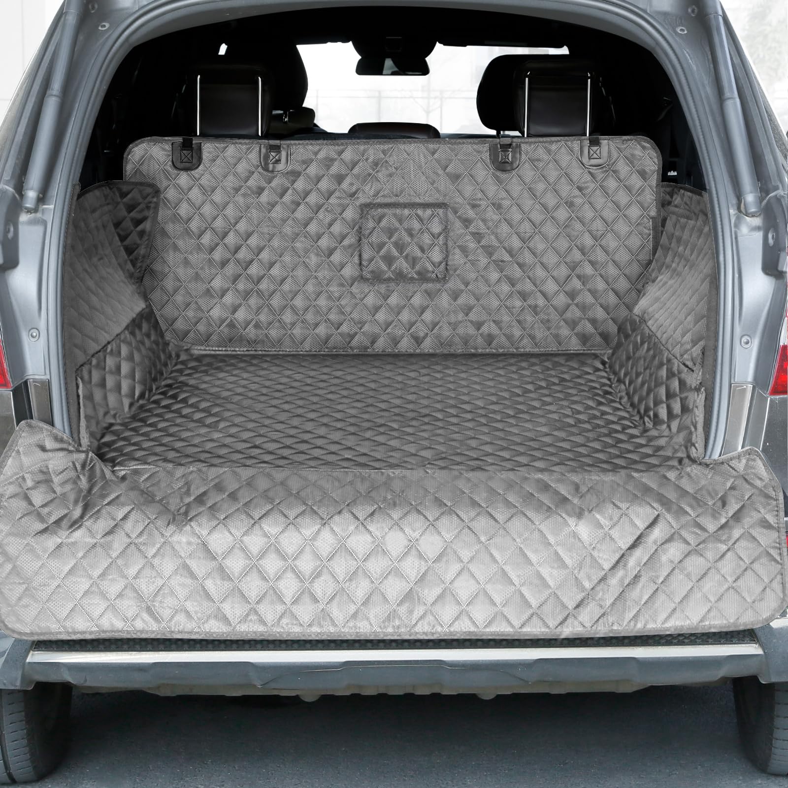 Photo 1 of PETICON SUV Cargo Liner for Dogs, Waterproof Pet Cargo Cover Dog Seat Mat for SUVs Sedans Vans with Bumper Flap Protector, Non-Slip, Large Size Universal Fit, Gray