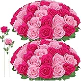 Ovveroche 72 Pcs Artificial Roses Hot Pink, Pink Fake Silk Roses Realistic Roses Faux Flower Indoor Wedding Home Decor, Birthday Decorations