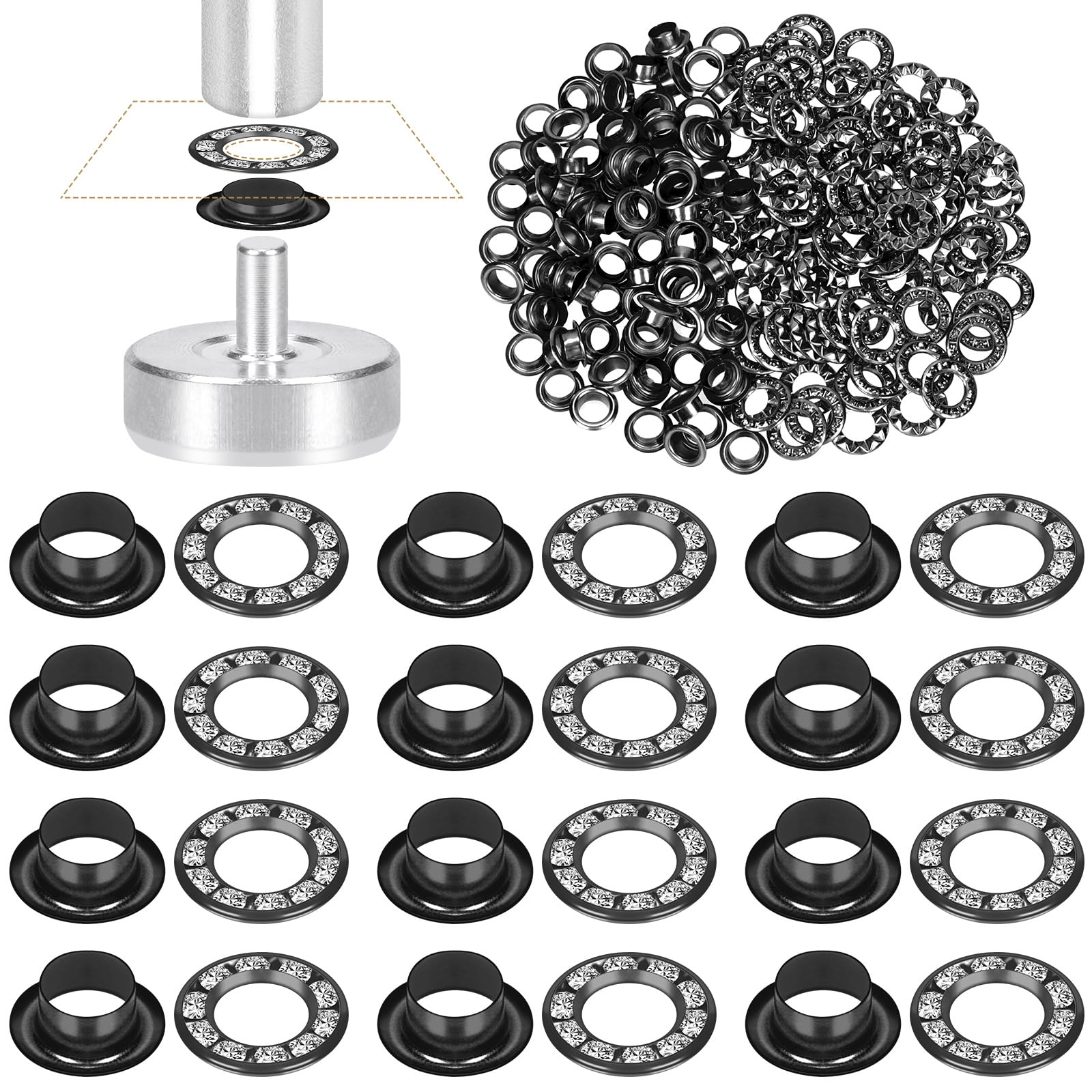 Glarks 100pcs 6mm Grommets Kit with White Diamond Washers Set, Gun Black Color Brass Grommets Eyelets, Fabric Leather Hole Eyelets Grommets for Belt, Shoes, Clothes, Canvas, Leather Repair