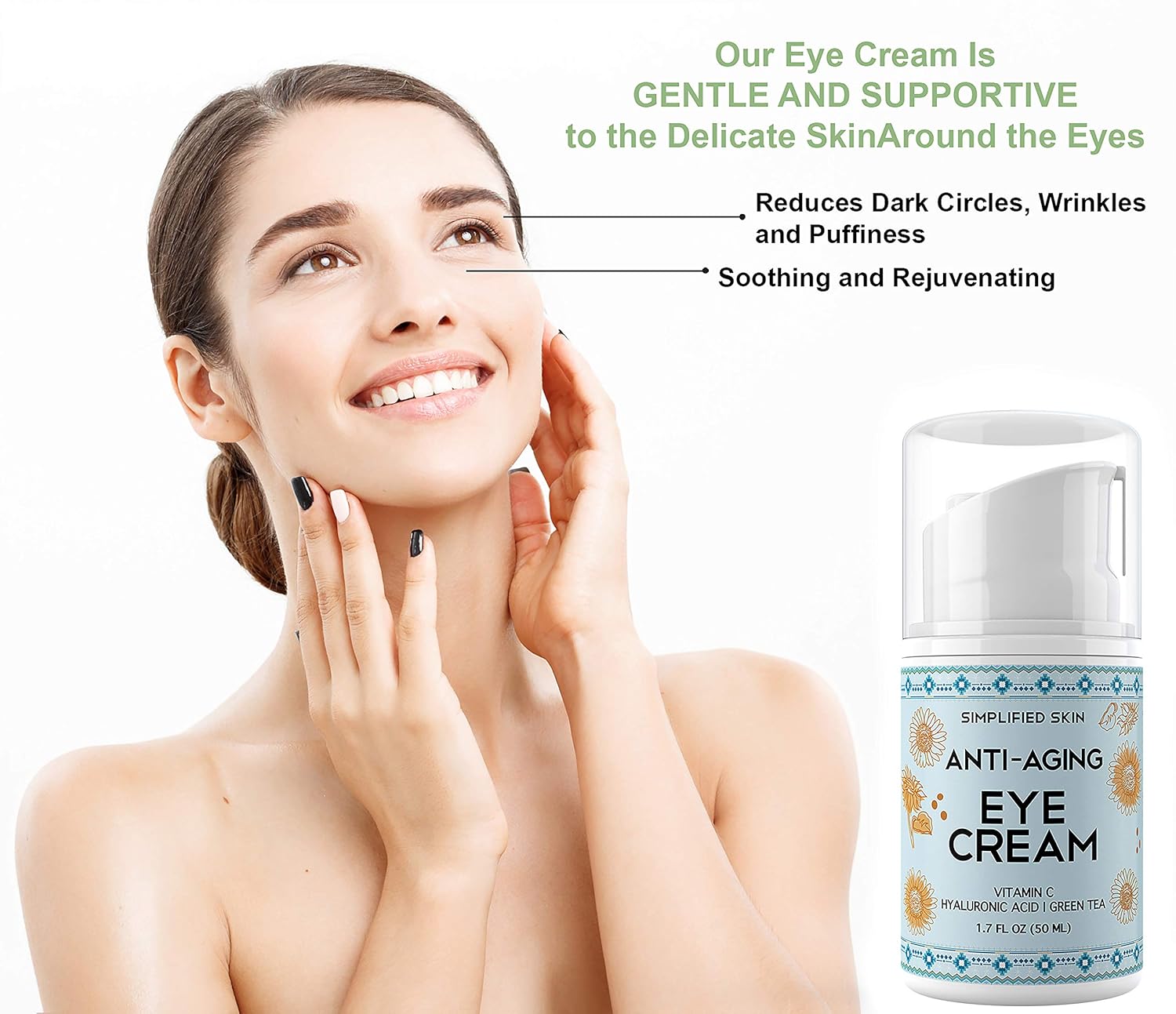 Anti-Aging Eye Cream for Dark Circles, Wrinkles, Bags & Puffiness. Best Under & Around Eyes Anti-Aging Treatment with Vitamin C, Hyaluronic Acid, Green Tea & Organic Rosehip oil by Simplified Skin 1.7 oz: Beauty
