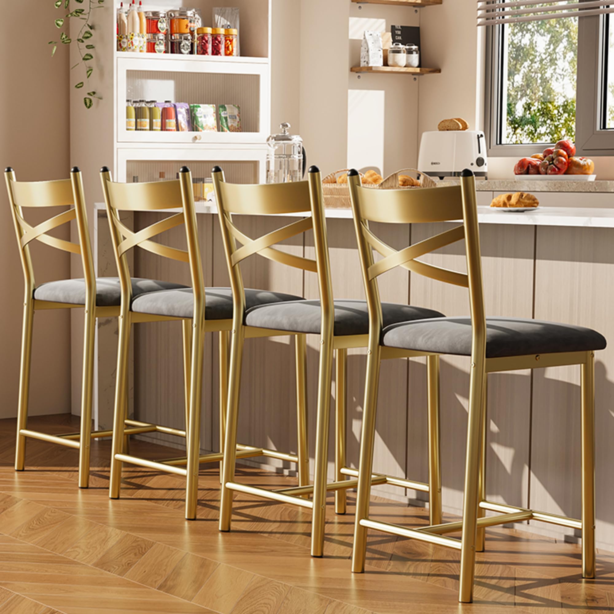 Photo 1 of ***PARTIAL SET 2 CHAIRS NOT 4 *** GAOMON Bar Stools Set of 4, Counter Height Bar Stools with PU Upholstered Seat, Metal Frame Kitchen Bar Chairs with X-Design Back and Footrest for Kitchen Island, Counter Bar, Dining Room, 26" Gold