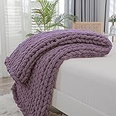 Bigacogo Chunky Knit Throw Blanket for Couch, 40x60 inches, 100% Hand Knitted with Thick Jumbo Chenille Yarn, Cozy Soft Large Rope Knot Cable Crochet Blankets for Sofa Bed Living Room, Winter Grape