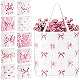 SilTriangle 10 Pcs Pink Bow Canvas Tote Gift Bag Coquette Aesthetic Valentine Day Tote Gift 18.5x14.9in Large Reusable Lovers Book Club Shopping Bags with Handles for Birthday Party Women Favors