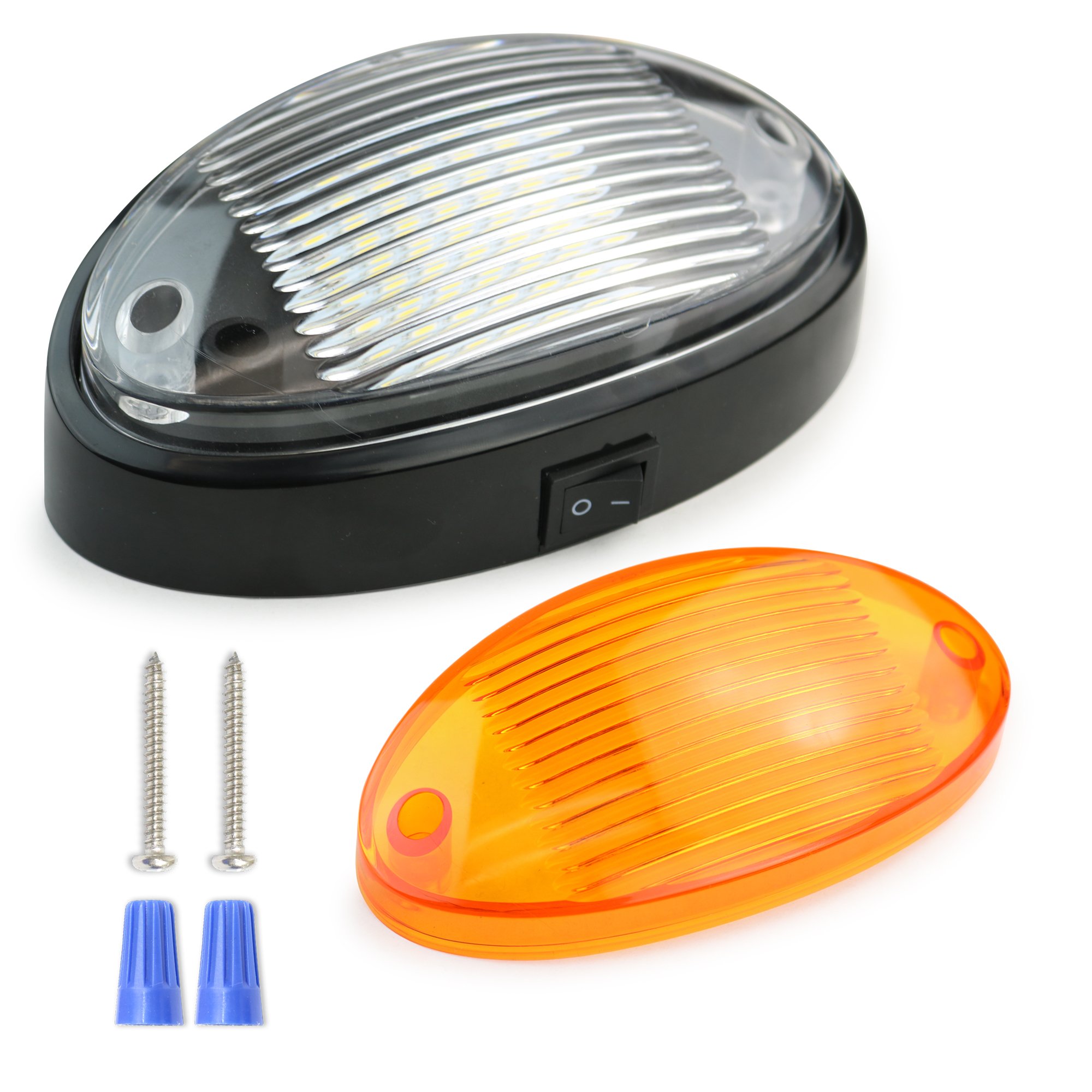 Photo 1 of LED RV Exterior Porch Utility Light Oval 12v 300 Lumen Lighting Fixture Replacement Lighting for RVs, Trailers, Campers, 5th Wheels Black Base, Clear and Amber Lens (Black With on/off Switch, 1-Pack)