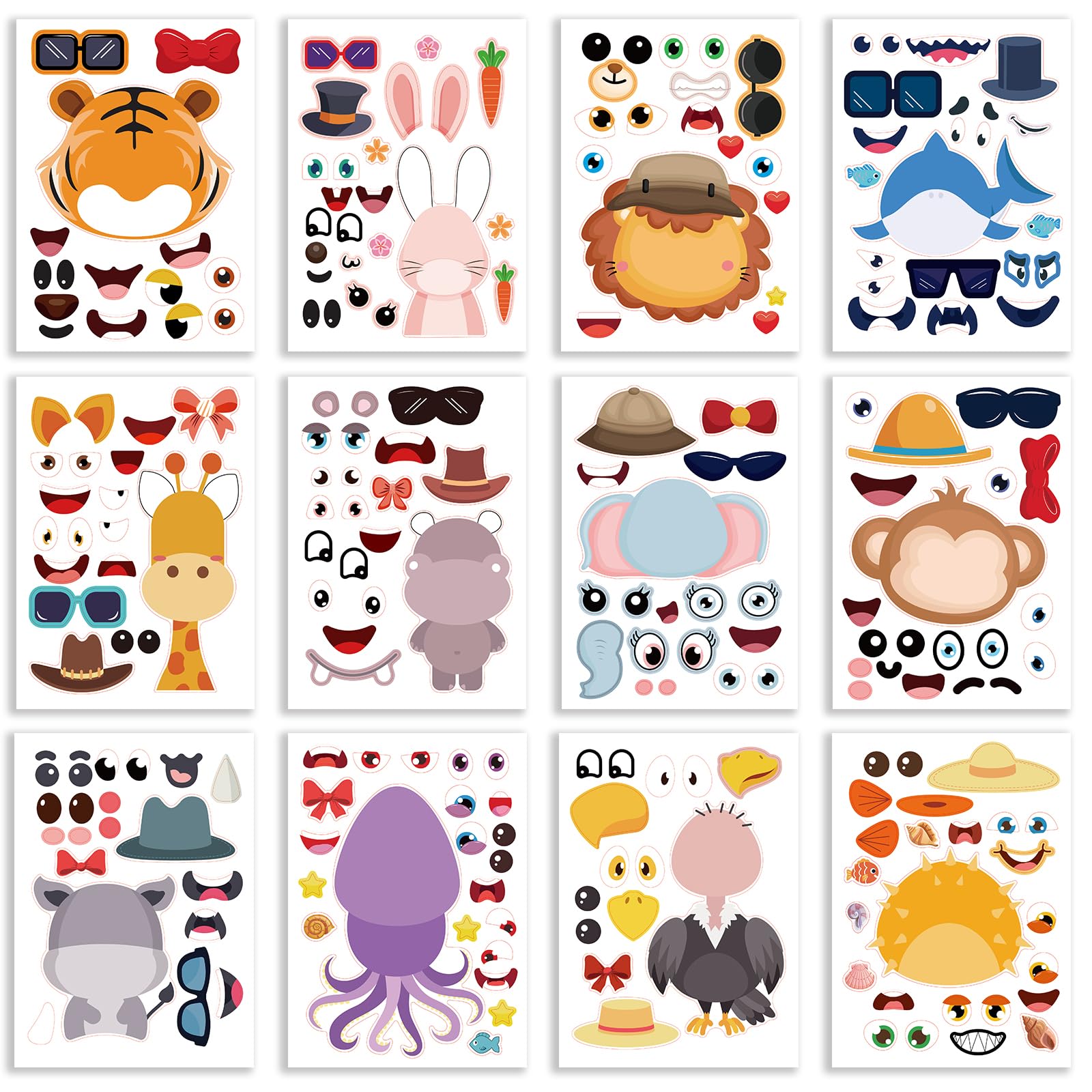 36 PCS Make Your Own Stickers,Make-a-face Sticker Sheets,Make Your Own Stickers,Stickers Crafts for Kids Toddlers with Safaris, Sea and Fantasy Animals Kids Party Favor Supplies Craft (Animal)