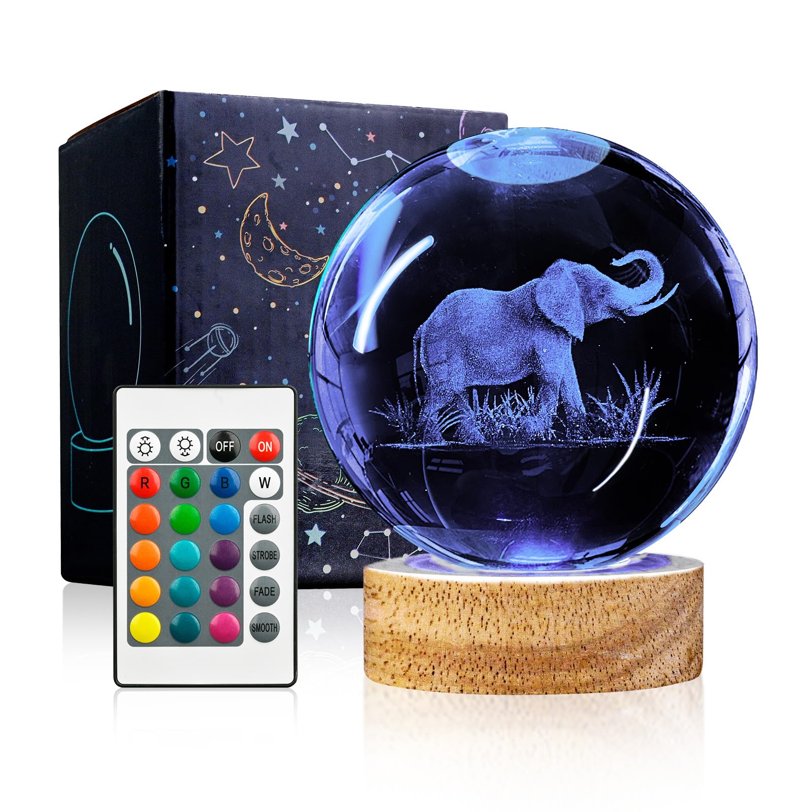 Photo 1 of YYLZEPHB 3D Elephant Crystal Ball Night Light with Woodern Base, 3.15" Elephant Figurines Glass Lamp with 16 Colors Cool Desk Decor Elephant Gifts for Women Kids Friends Adults