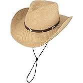 Womens Men Western Straw Cowboy Hat with Wind Lanyard Summer Hat Sun Hat Cowboy Style UPF 50+ Beach Hat