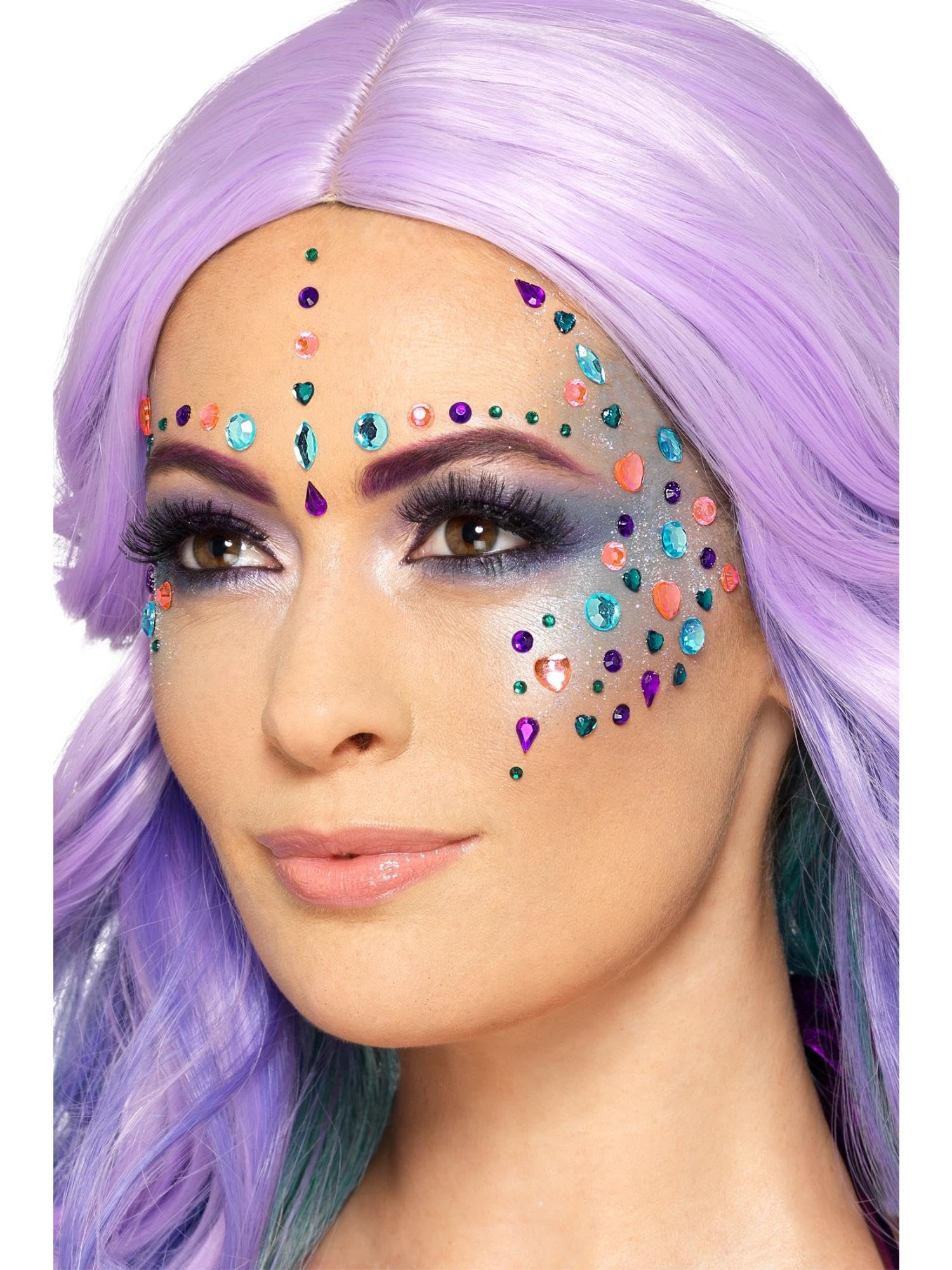 Smiffys Make-Up FX, Pastel Jewel Face Gems, Purple Sheet of 100 Assorted, Self Adhesive, Cosmetics and Disguises Fancy Dress, Adult Dress Up Cosmetics & Disguises.