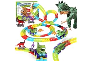 Kykake Dinosaur Train Set, Dinosaur Train Toys, 360° Electric Climbing Dinosaur Car Race Tracks with Sound and Lights, Race Train Track Toy Birthday (96Pcs)