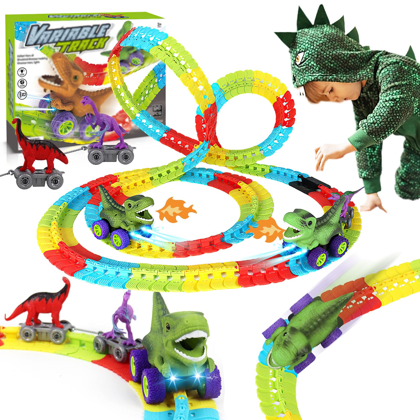 Photo 1 of kykake Dinosaur Train Set, Anti Gravity Dinosaur Train Toys, 360° Electric Climbing Dinosaur Car Race Tracks with Sound and Lights, Race Train Track Toy Birthday Gifts New Year's Gift(96Pcs)