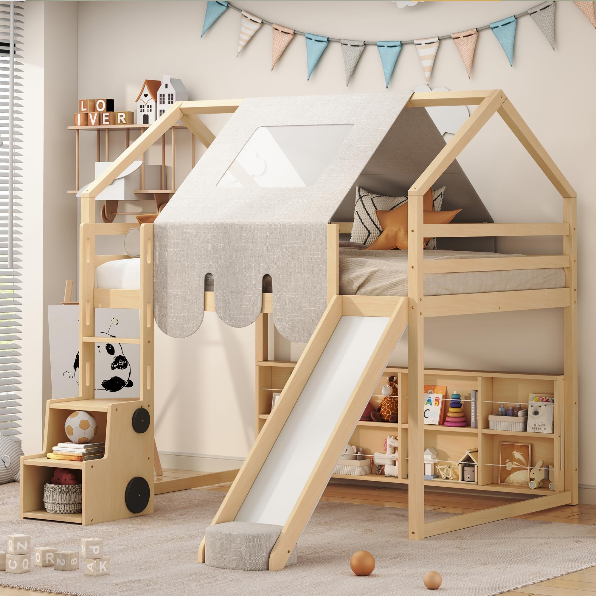 Photo 1 of **SELLING FOR PARTS/ PARTIAL SET / BOX 1/2**Merax Full Size Junior Wood Loft Bed with Slide and Storage Shelves, House Loft Bed with Staircase for Girls Boys,Easy Assemble, Natural