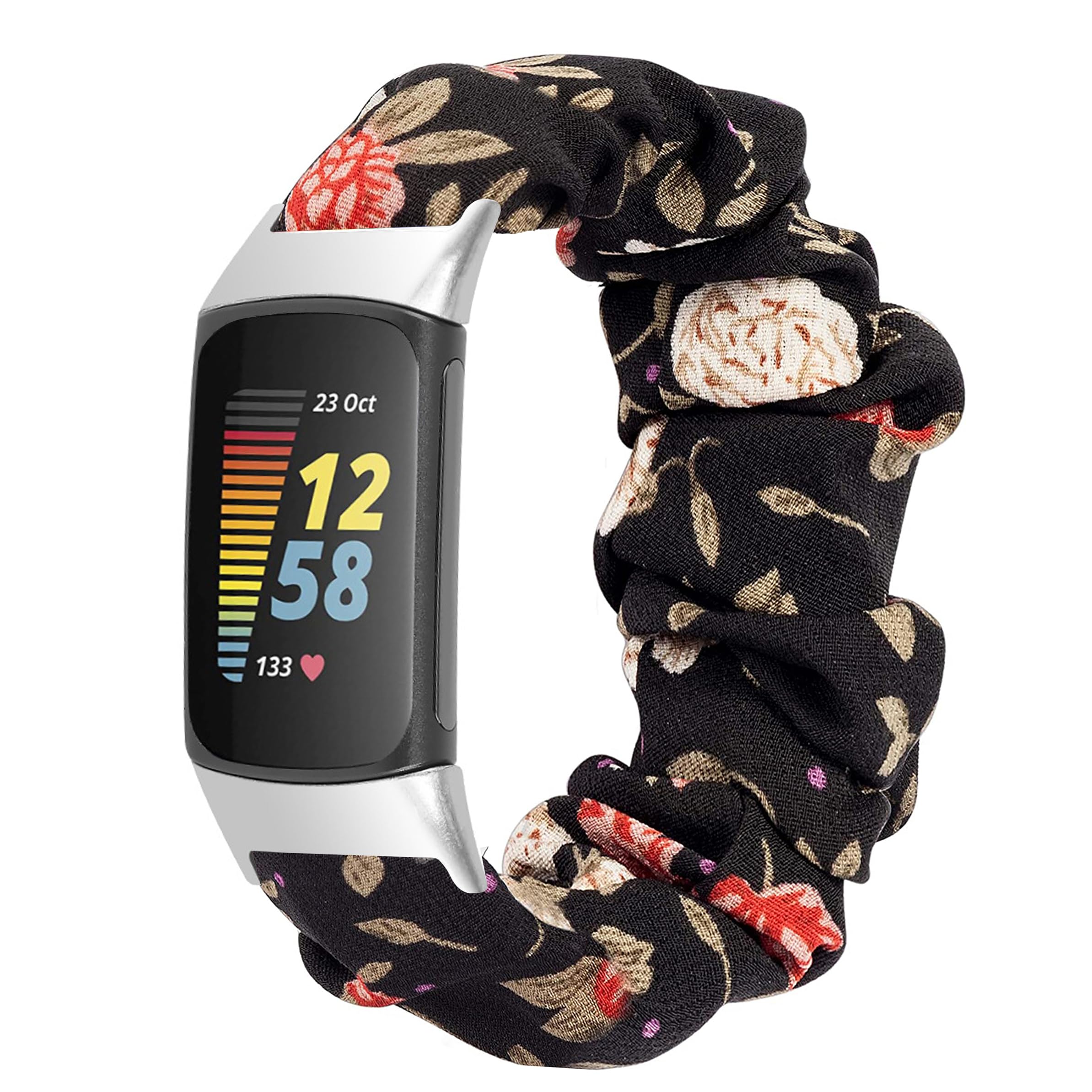 Blueshaweu Compatible for Fitbit Charge 6 Band, Fabric Elastic Scrunchie Elastic Women Cute Replacement Straps Compatible for Fitbit Charge 6/Charge 5 Advanced Fitness & Health Tracker (Black Flower)