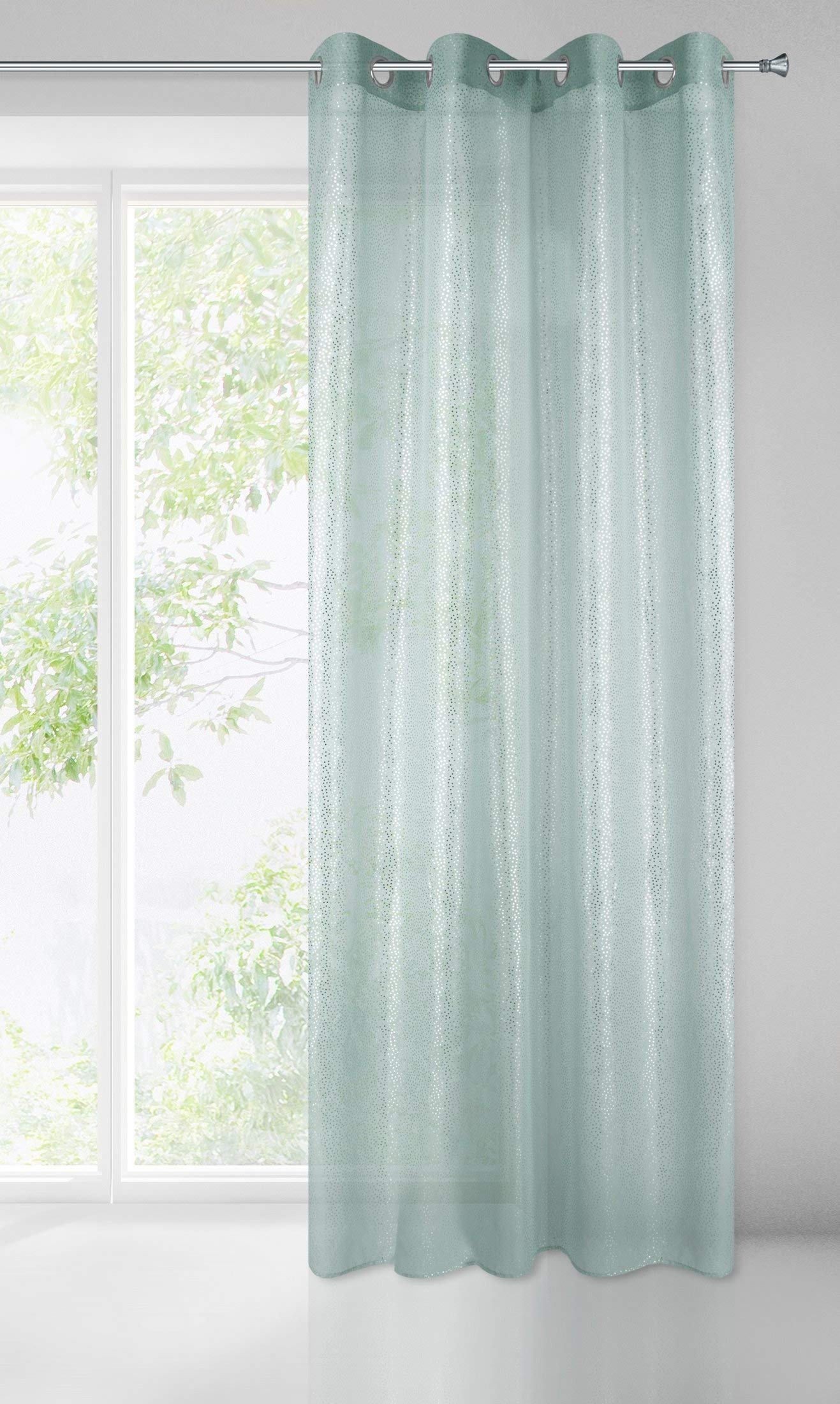 Eurofirany Smooth Metallic Dots Transparent Print Pattern Matt 8 Eyelets Soft Curtains Modern Simple Bedroom Living Room Mint + Silver 140 x 250 cm