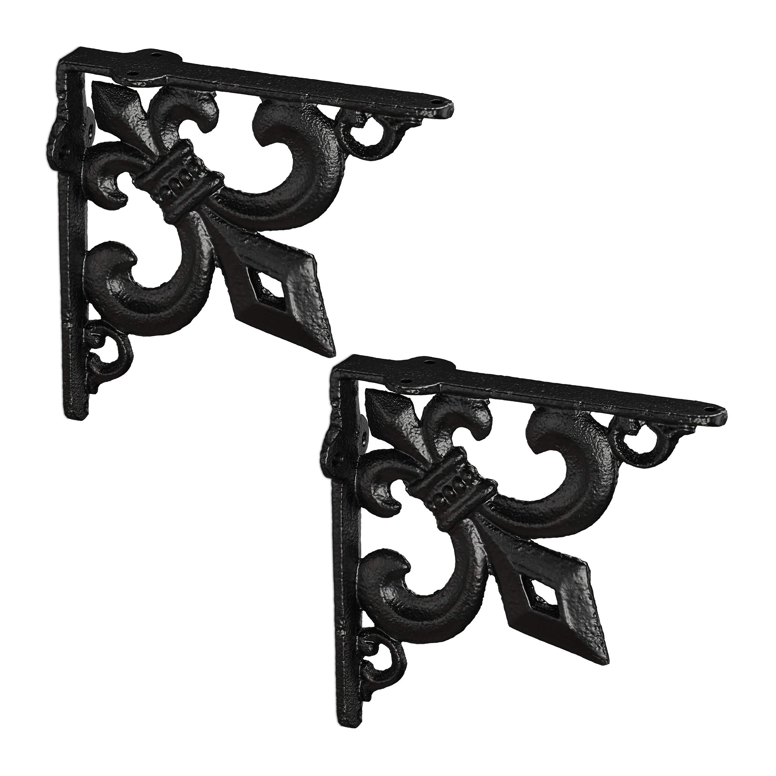 Relaxdays 2x Shelf Brackets, Cast Iron, Rack Support, Vintage Look, HWD: 14.5 x 3.5 x 14.5 cm, Angle for Shelves, Black