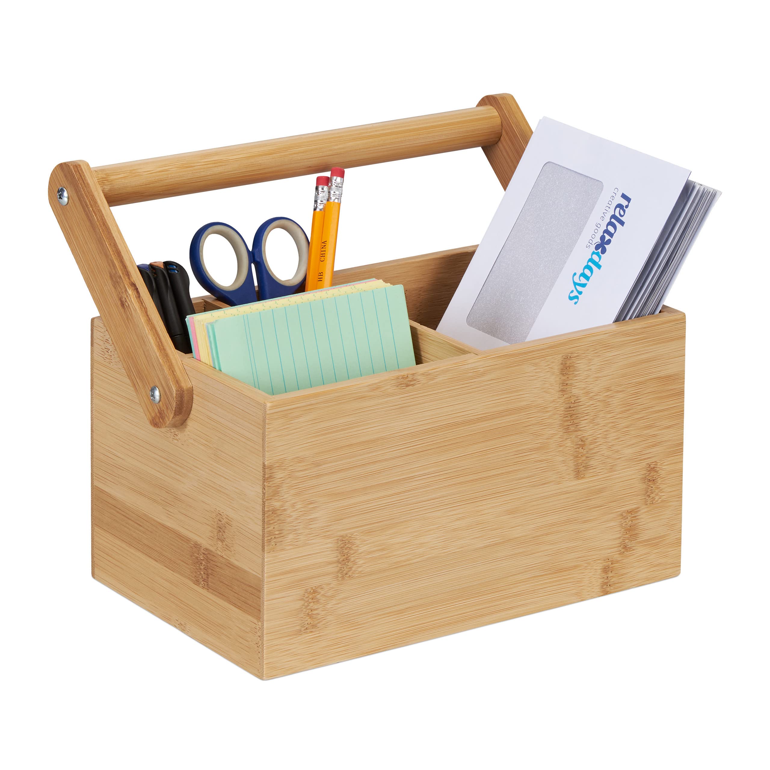 Relaxdays Organiser, Carrying Handle, 4 Compartments, Storage, Bamboo, H x W x D: 24 x 26 x 15 cm, Natural