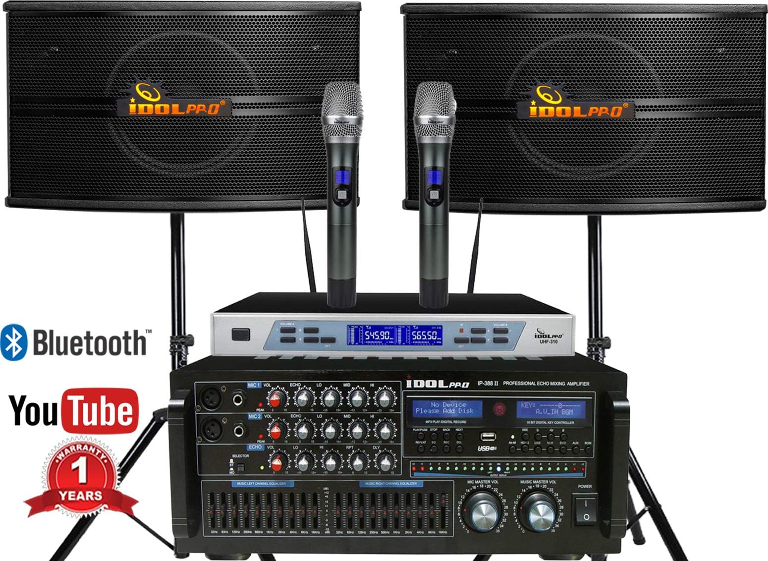 PACKAGE IDOLpro 1400W Superior Karaoke System With 2 Speakers, Dual Wireless Rechargeable Microphones, Mixing Amplifier FREE 20ft Speaker Cables and Wall Mounts