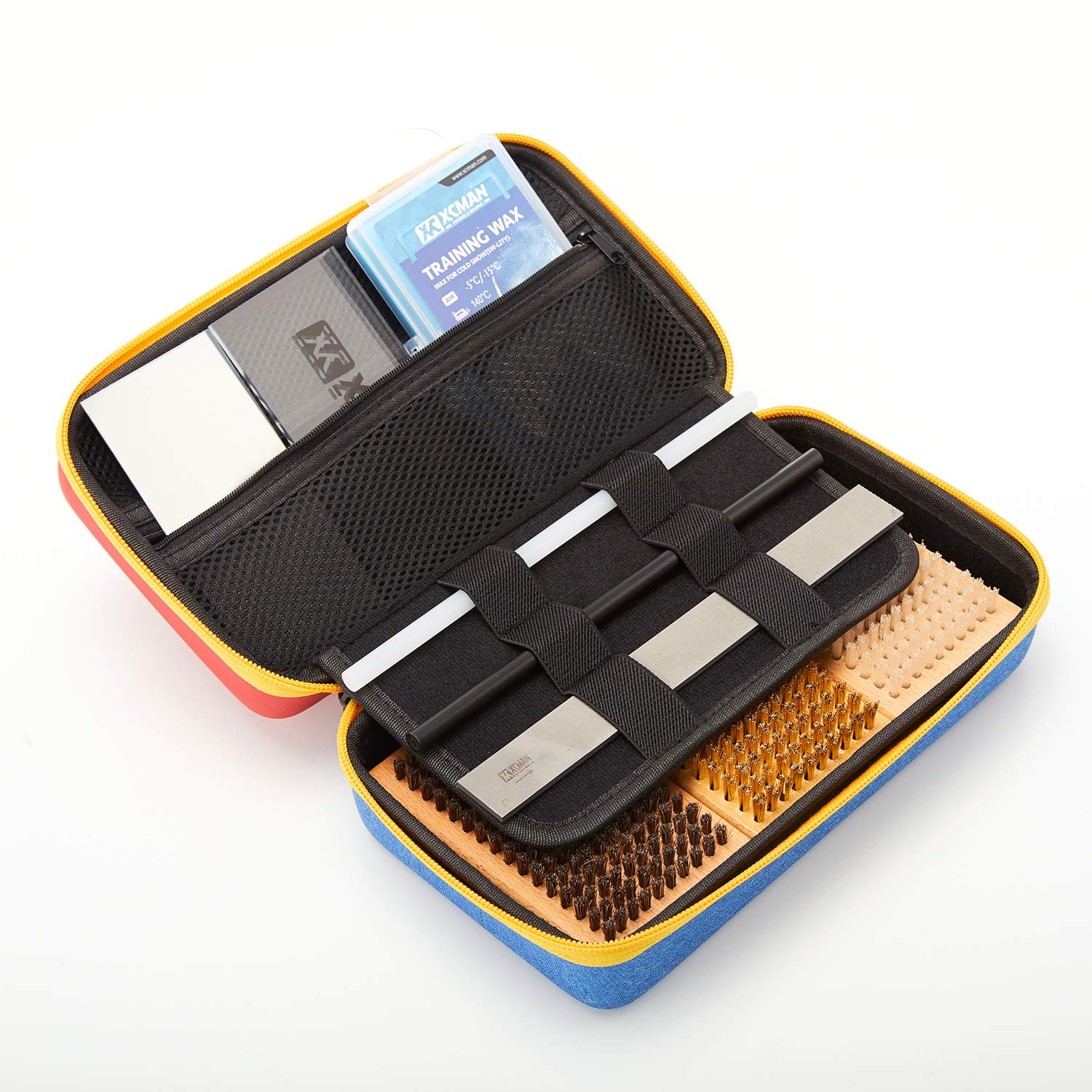 El kit de depilación y ajuste de esquí y snowboard de XCman con caja de cepillo de cera para viajar y almacenamiento (caja rígida con herramientas de ajuste) Red+Caja azul