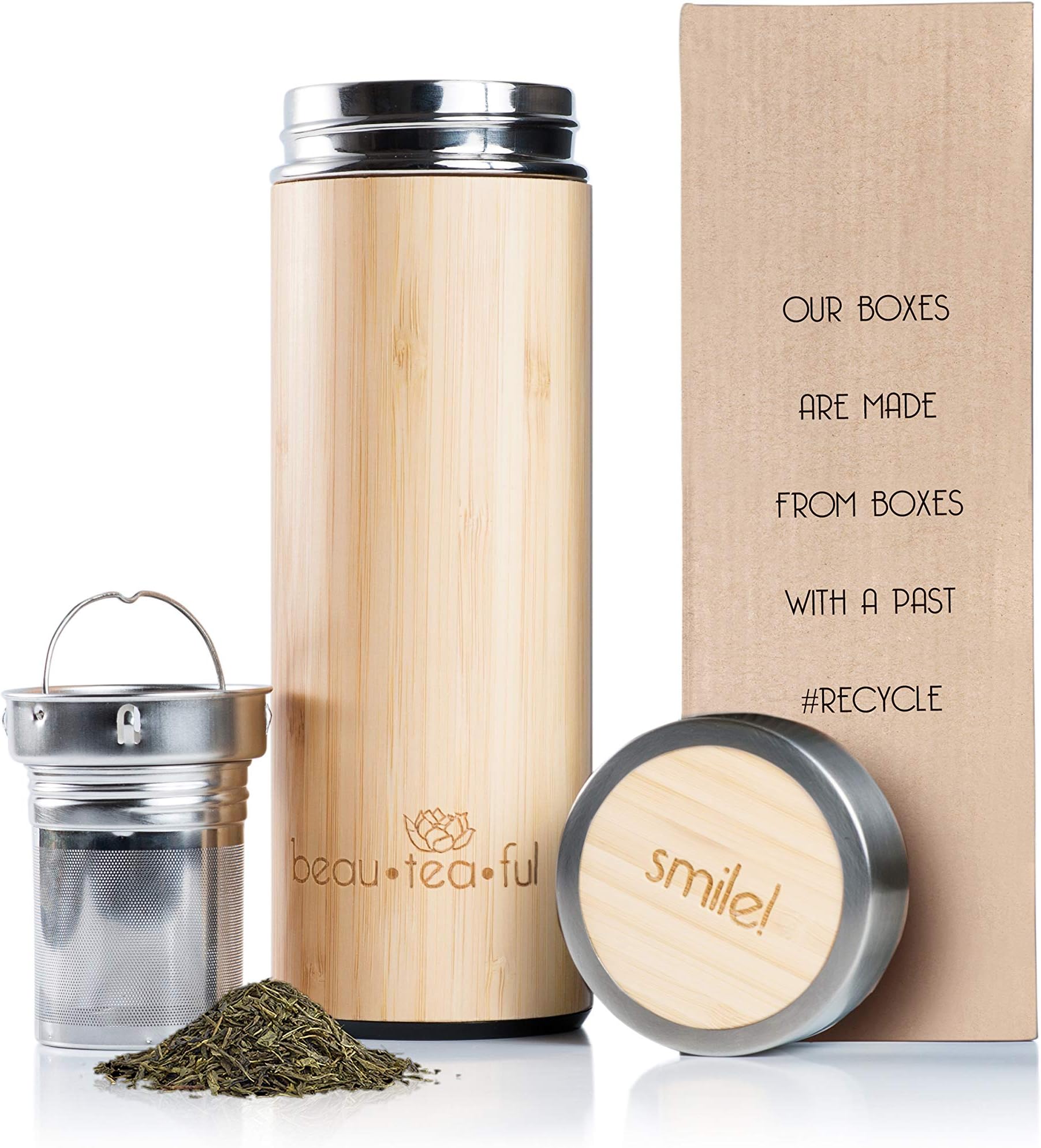 Beau-Tea-Ful Bamboo Tea Tumbler Travel Mug Eco-Friendly Recycled Box | 17.6 Oz Stainless Steel Water Bottle | Perfect Gift for Tea & Environment Lovers | Vacuum Sealed Loose Leaf Thermos |