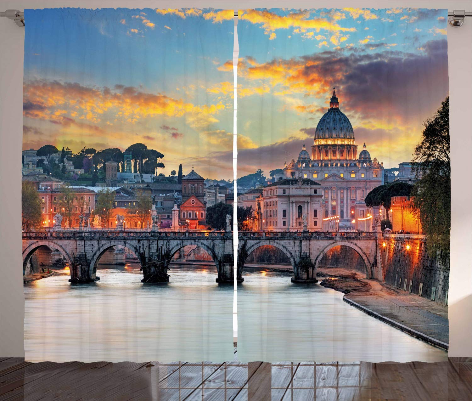 ABAKUHAUS Italy Curtains, Vatican Rome View in the Evening Landmark Travel Italian Destination Image Print, Living Room Bedroom Window Drapes 2 Panel Set, 96 L X 110 W, Multicolor