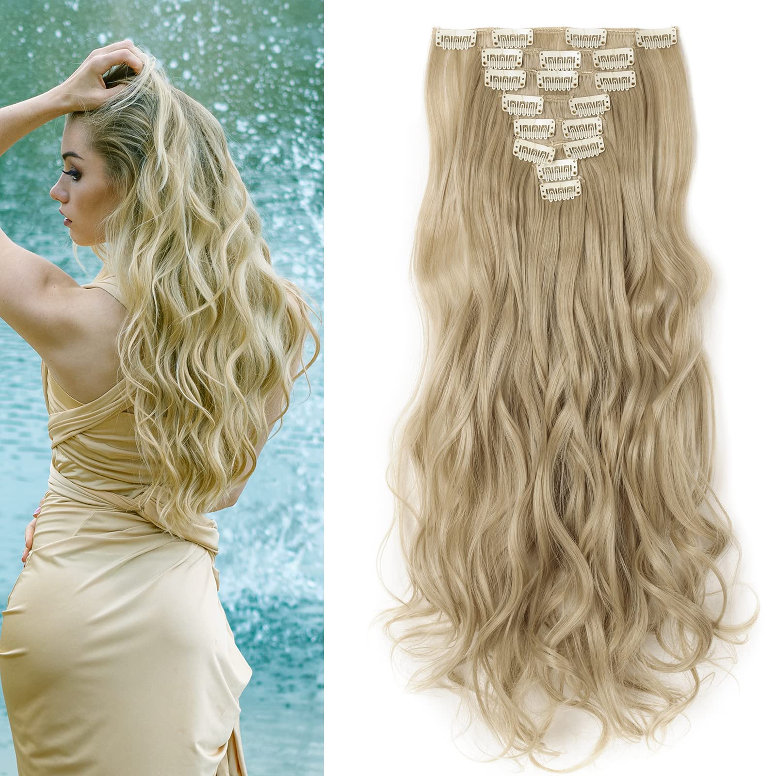 17inch Long Curly Hairpiece Clip in Hair Extensions 8Pcs Blond & Bleach Blond Hair Pieces Extension 100% Synthetic for Full Head