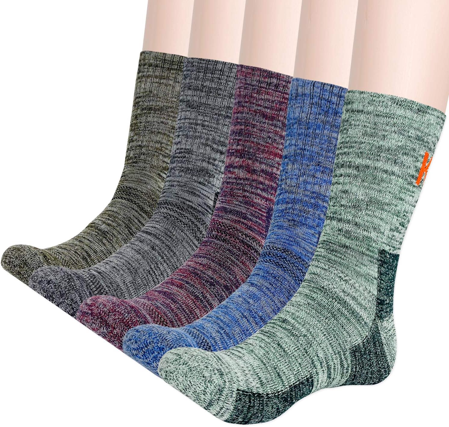 KONYMen's Cotton Hiking Socks, 5 Pairs Moisture Wicking Thick Cushioned Walking Mid Crew Socks, All Season Gift