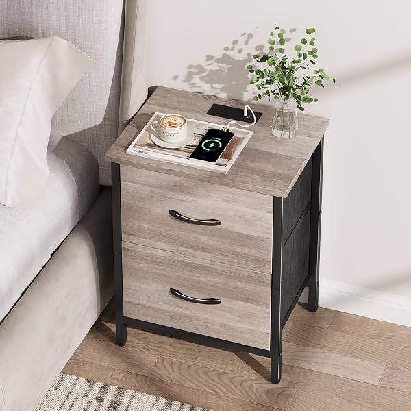 VAGUSICC NIGHTSTAND WITH CHARGING STATION, BEDSIDE TABLE WITH USB PORTS AND OUTLET, END TABLE SIDE TABLE WITH 2 FABRIC DRAWERS FOR BEDROOM, LIVING ROOM, GREIGE