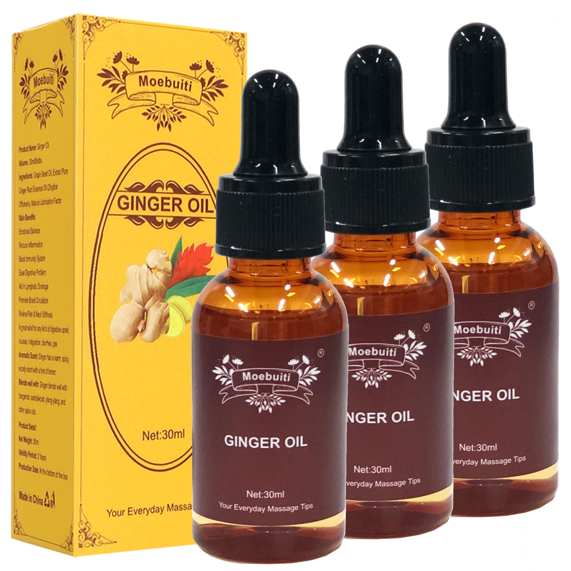 Ginger Oil, Relaxing Massage Oils for Massage Therapy, Pure Ginger Essential Oil for Lymphatic Drainage, Hair Care, Joint Pain, Skin, Belly, Diffuser, Aromatherapy, 30ml (Pack of 3)