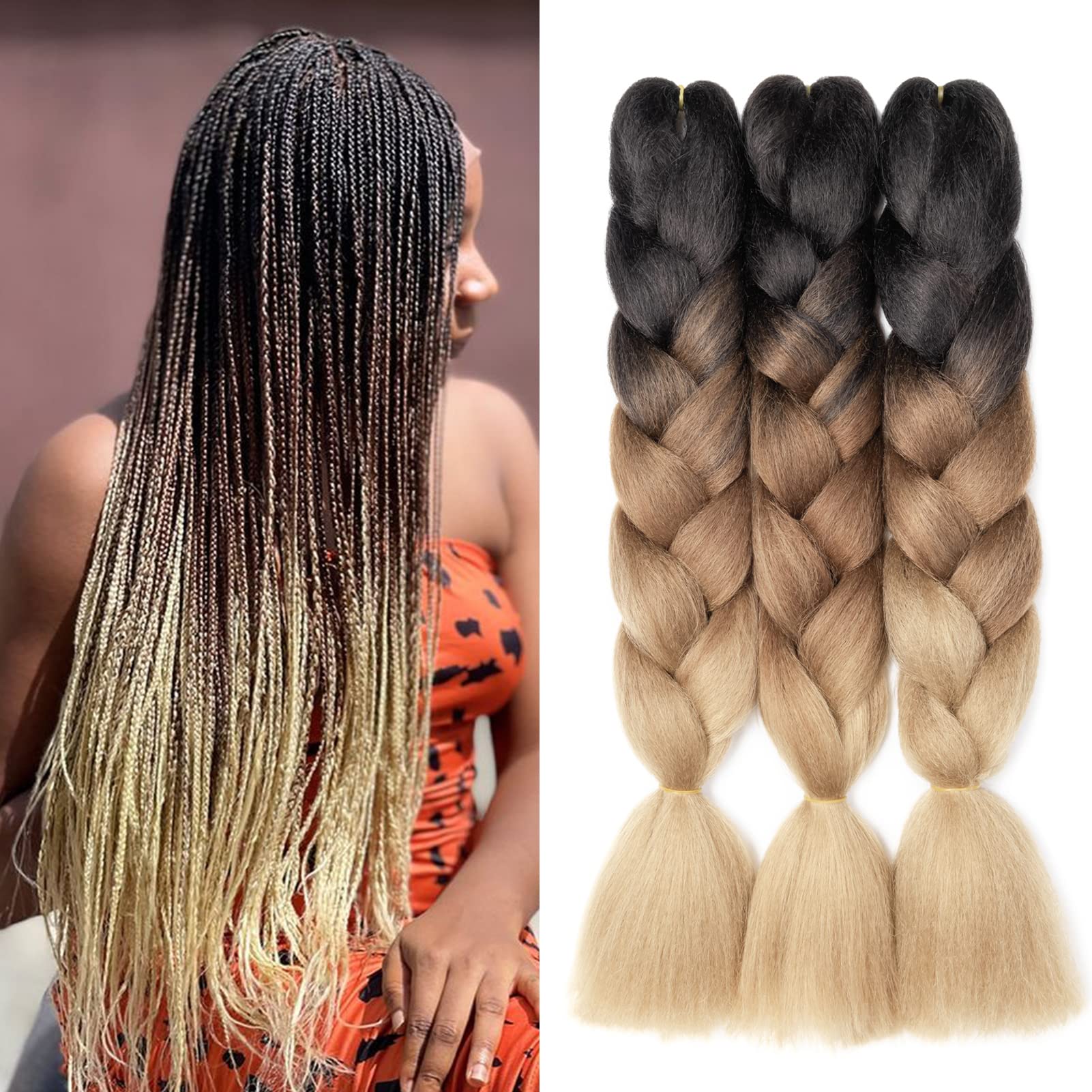 Gairyan Jumbo Braiding Hair Extensions 24" 3PCS 300g Ombre Jumbo Braids Hair Extensions Synthetic Coloured Hair for Braiding Extensions Afro Box Braids Crochet Twist, Black-Dark Brown-Light Brown
