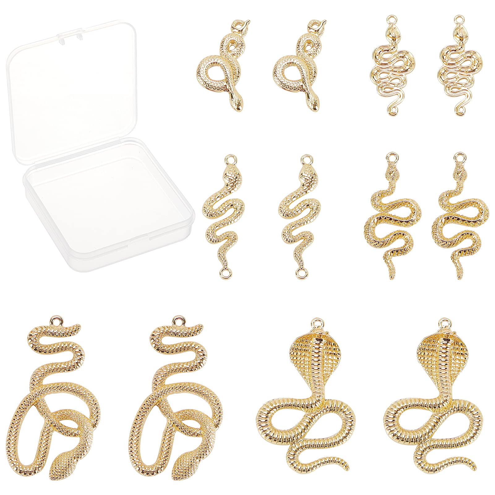SUNNYCLUE 1 Box 6 Styles Alloy Snake Charms Metal Animal Cobra Snake Pattern Pendants Links Connectors with Hole for Jewelry Making DIY Necklace Bracelet Earring Supplies Accessories, Golden