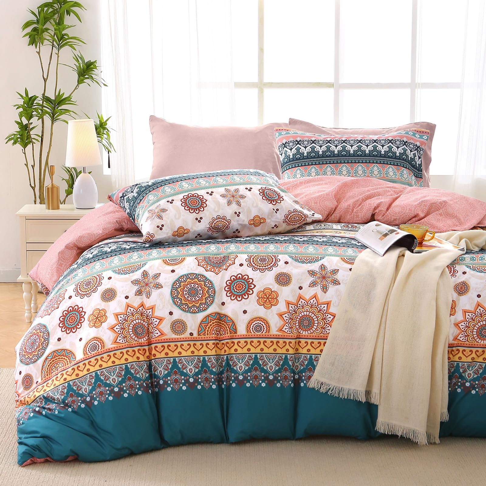 Photo 1 of MUXHOMO Full Comforter Set, Bohemian Elegant Floral Print Bed in a Bag 7 Pieces, Ultra Soft & Breathable Reversible Botanical Pattern Bedding Set with Comforter, Sheets, Pillowcases, and Shams