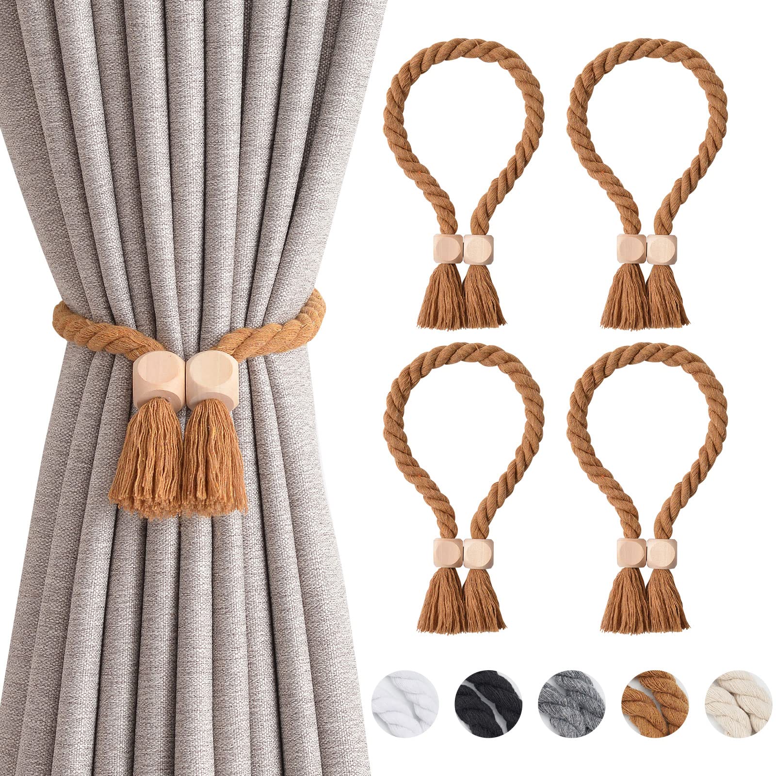 Pretty Jolly 4 Pack Wooden Cube Magnetic Curtain Tiebacks Boho Home Decor Drape Tie Backs Natural Cotton Hand Woven Rope Curtain Holdbacks for Home & Office Window Draperies (Light Coffee)